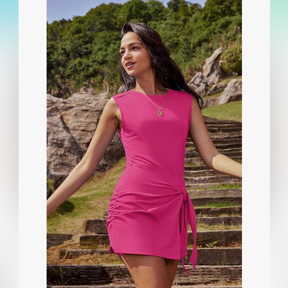 Hot Pink Jersey Ruched Tie Skirt Skort Athletic Romper Mini Dress New